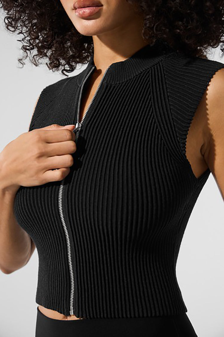 DENIM KNIT SLEEVELESS FULL ZIP TOP – ALO Indonesia