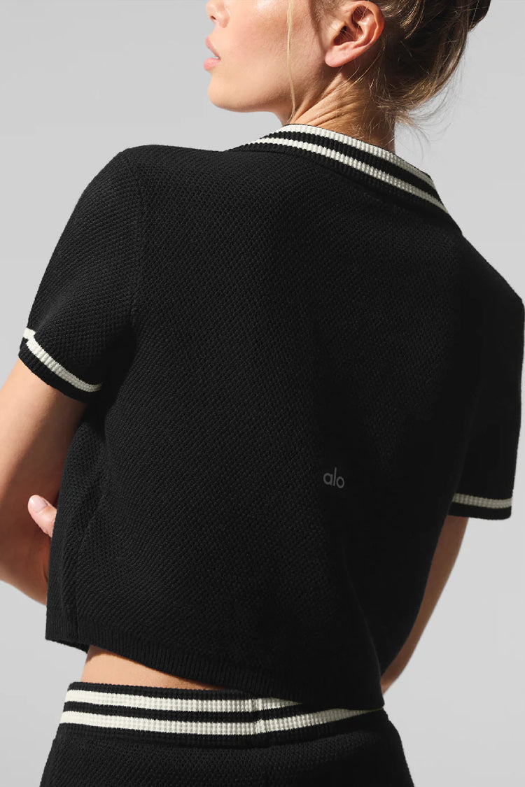 【アロヨガ】 Tennis Club Sweater Knit Cropped Polo Tennis Club Sweater Knit Cropped Polo - Seashell Blue/White